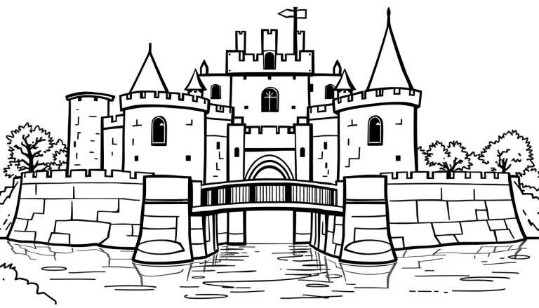 Zwart-wit lijntekening van een sprookjesachtig kasteel, klaar om ingekleurd te worden. Het kasteel heeft meerdere torens met kantelen, een brug over een gracht en ramen.