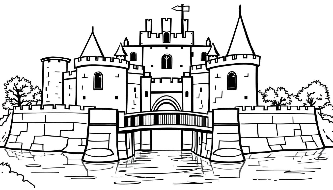 Zwart-wit lijntekening van een sprookjesachtig kasteel, klaar om ingekleurd te worden. Het kasteel heeft meerdere torens met kantelen, een brug over een gracht en ramen.