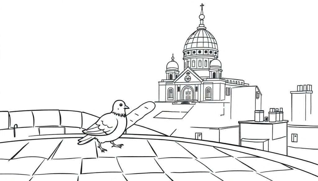 Zwart-wit kleurplaat van een stadgezicht met een duif op een dak en een grote kathedraal op de achtergrond.