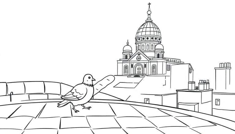 Zwart-wit kleurplaat van een stadgezicht met een duif op een dak en een grote kathedraal op de achtergrond.