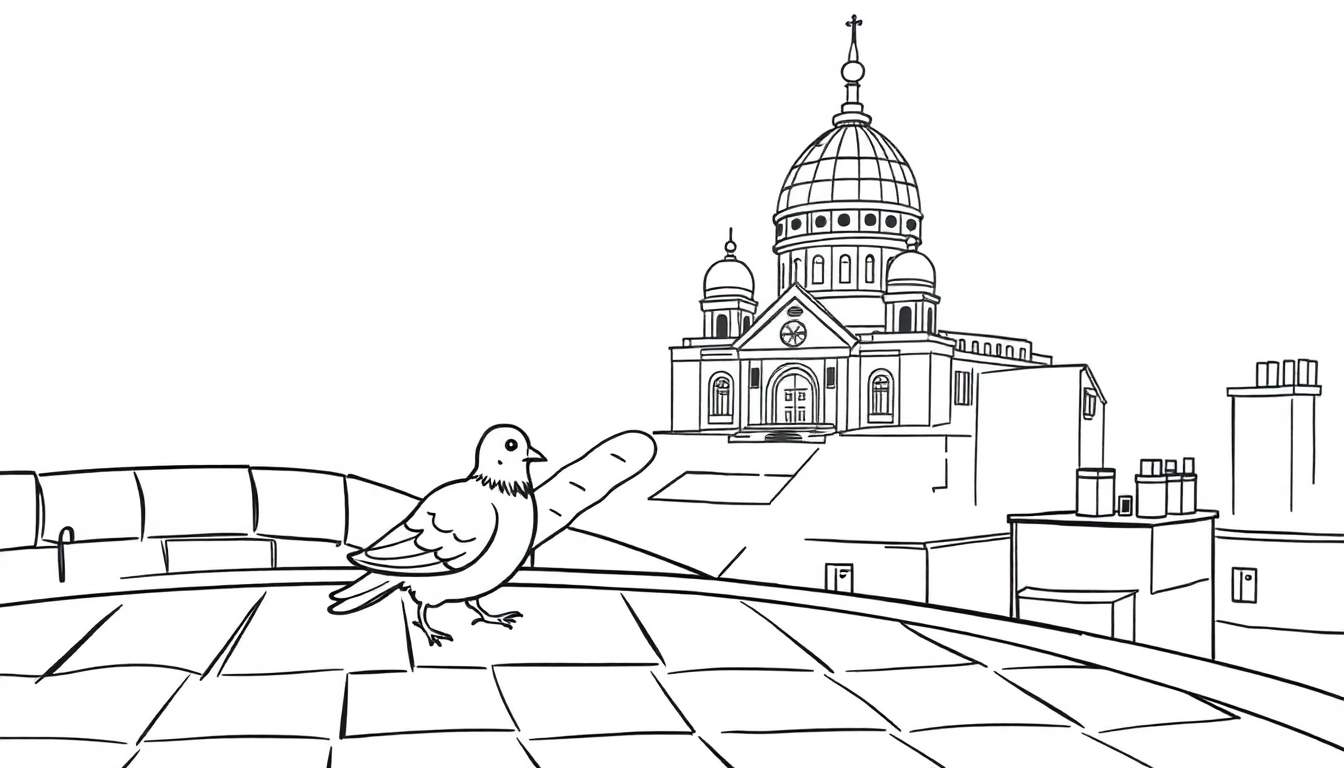 Zwart-wit kleurplaat van een stadgezicht met een duif op een dak en een grote kathedraal op de achtergrond.