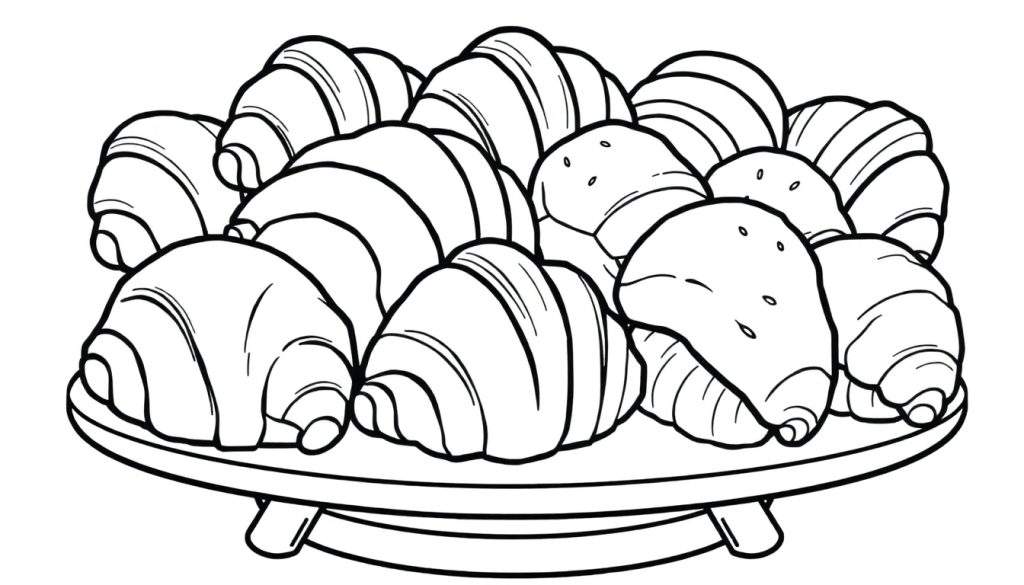 Zwart-wit kleurplaat van een stapel croissants op een rond dienblad met pootjes. Sommige croissants hebben stipjes.