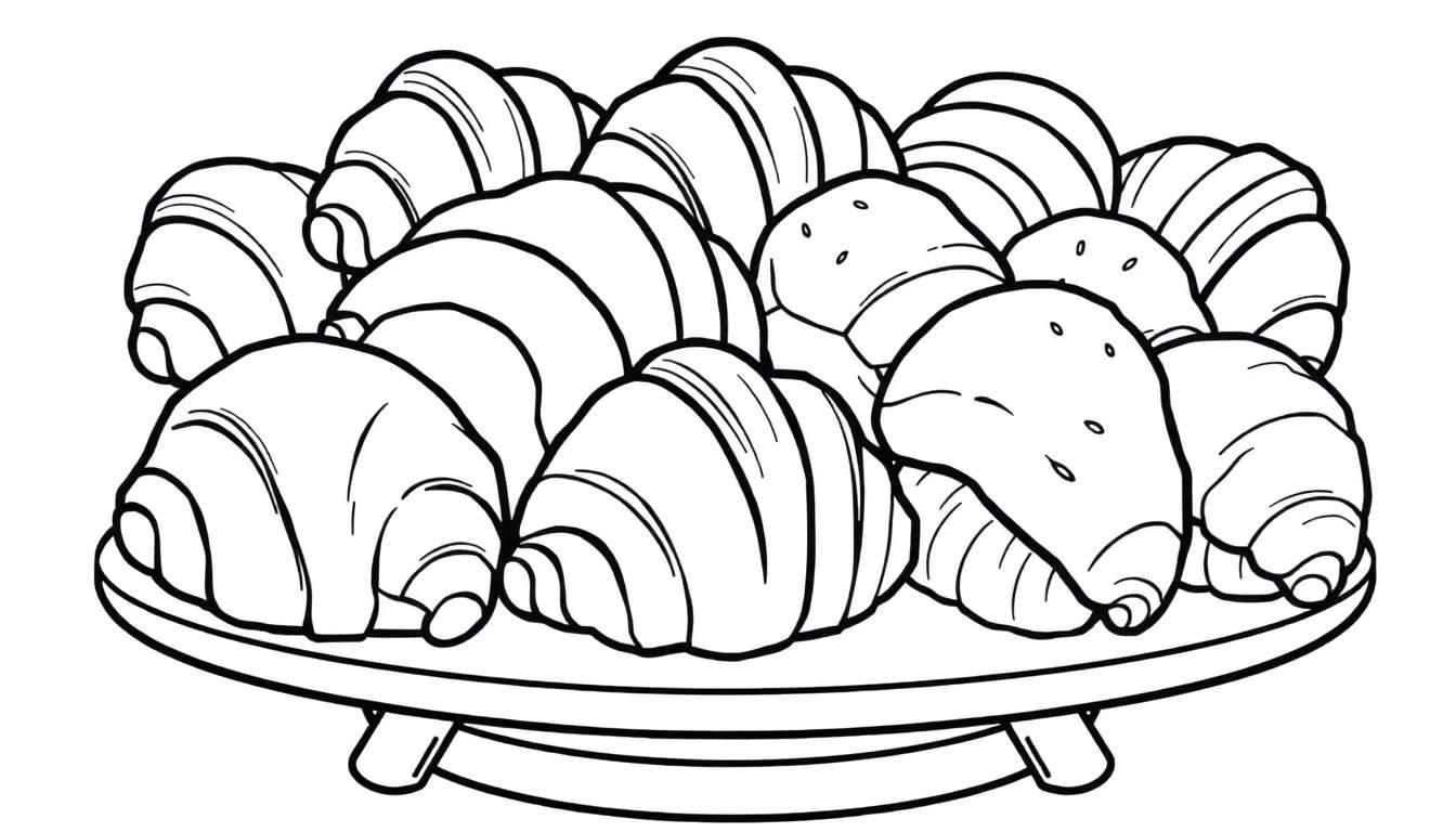 Zwart-wit kleurplaat van een stapel croissants op een rond dienblad met pootjes. Sommige croissants hebben stipjes.