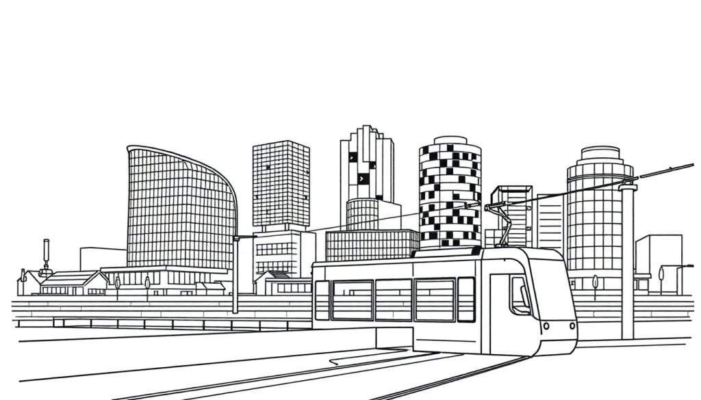 Zwart-wit lijntekening van een stedelijk landschap met een moderne tram op een verhoogd spoor, omringd door hoge wolkenkrabbers.