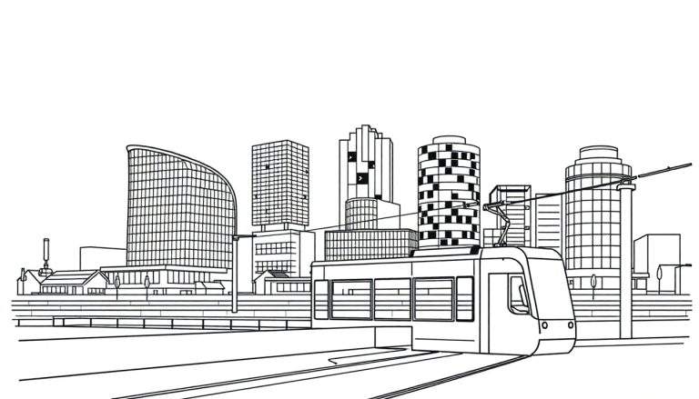 Zwart-wit lijntekening van een stedelijk landschap met een moderne tram op een verhoogd spoor, omringd door hoge wolkenkrabbers.
