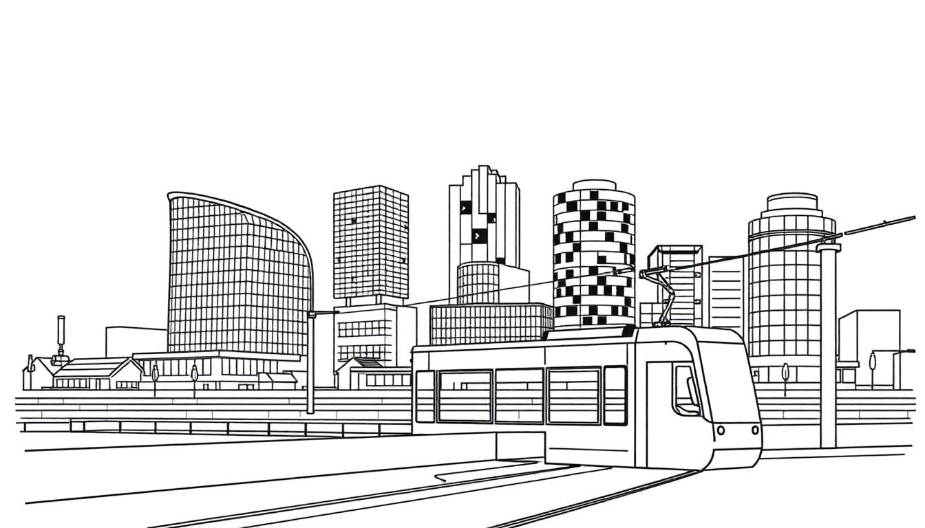 Zwart-wit lijntekening van een stedelijk landschap met een moderne tram op een verhoogd spoor, omringd door hoge wolkenkrabbers.