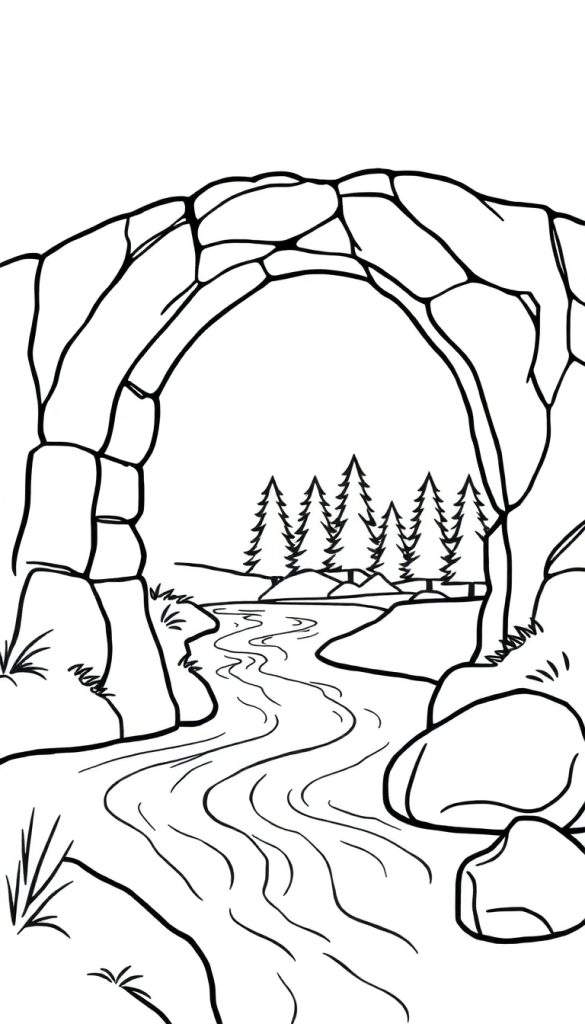 Zwart-witte lijntekening van een landschap met een grote stenen boogbrug over een rivier, omringd door bomen, heuvels en rotsen. Kleurplaat.