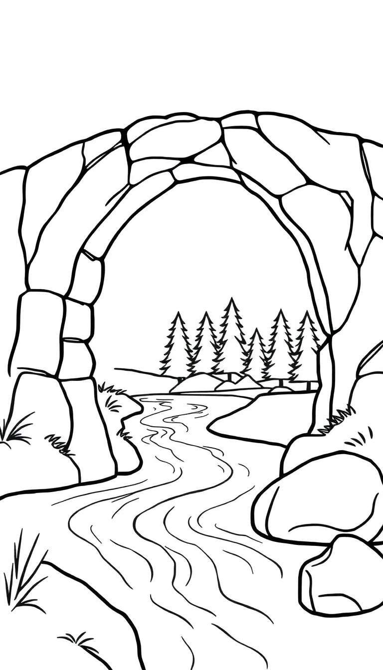 Zwart-witte lijntekening van een landschap met een grote stenen boogbrug over een rivier, omringd door bomen, heuvels en rotsen. Kleurplaat.