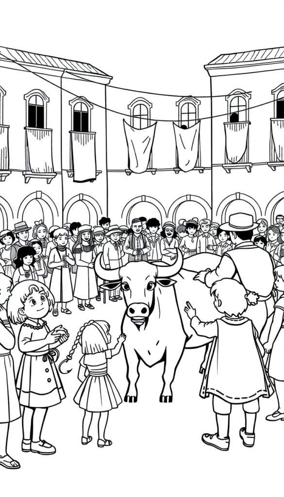 Zwart-wit lijntekening van een stadsplein met een menigte mensen, kinderen en een stier.