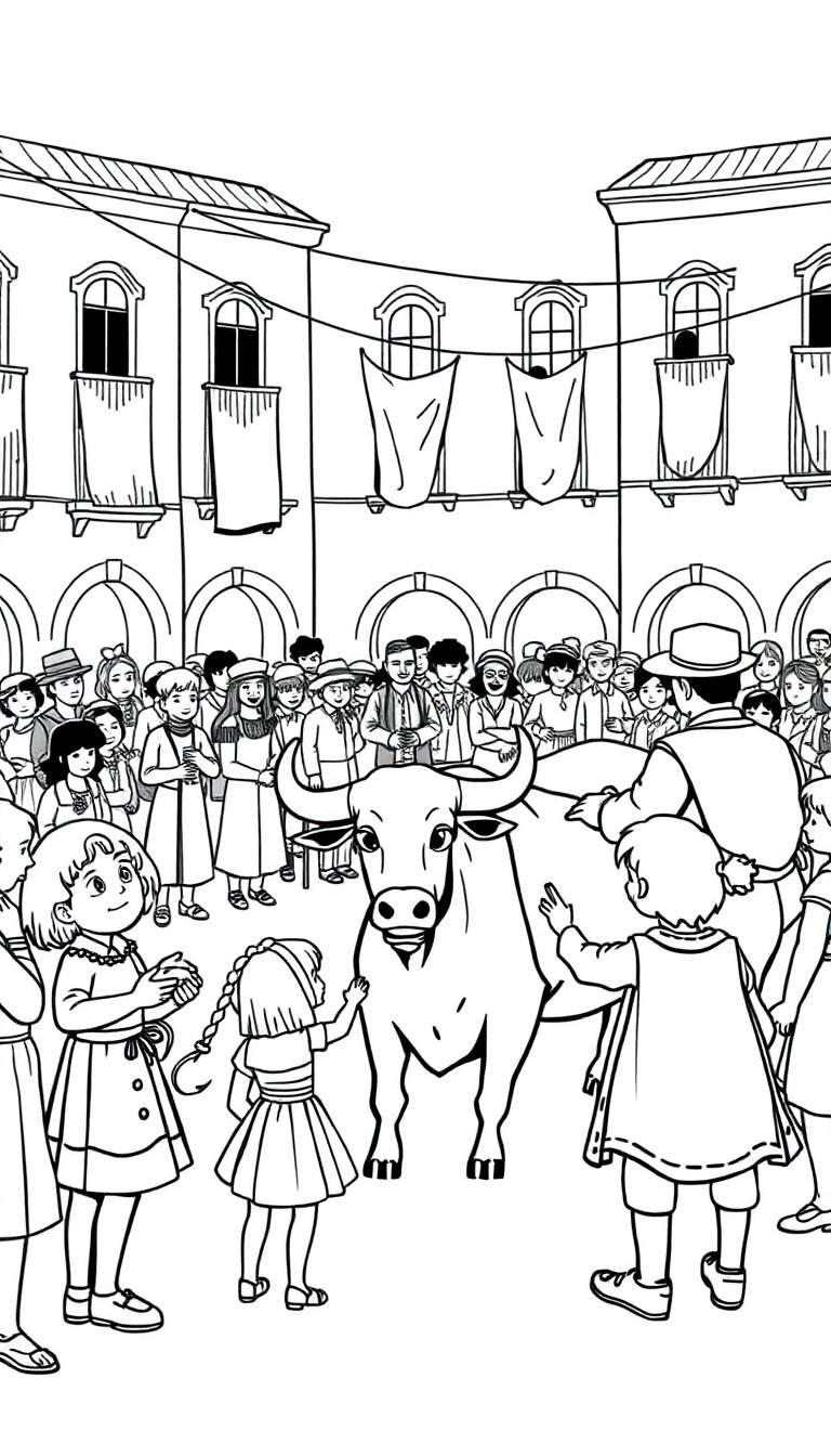 Zwart-wit lijntekening van een stadsplein met een menigte mensen, kinderen en een stier.