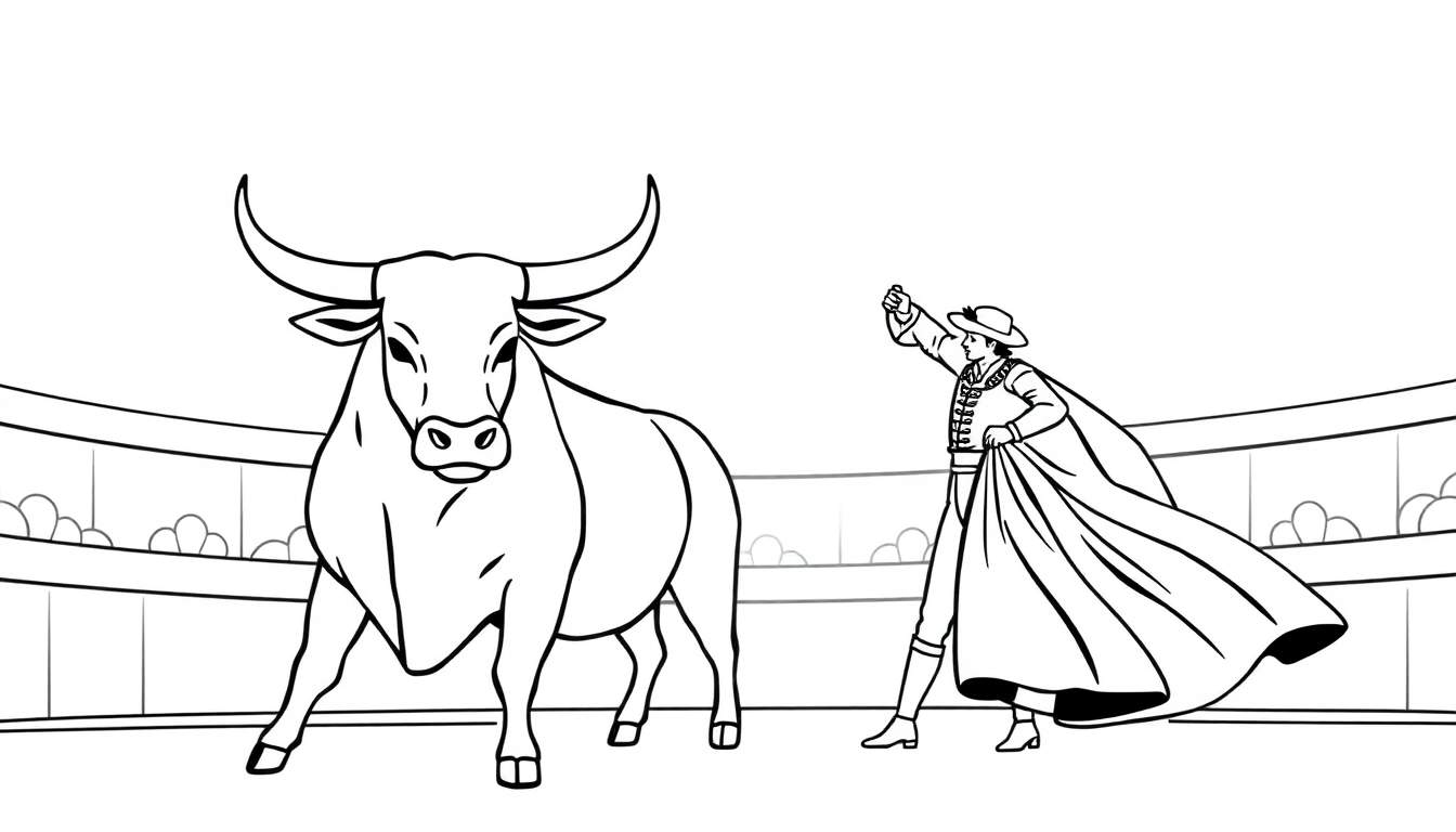Zwart-wit lijntekening van een stierengevecht, met een stier links en een matador met cape rechts, in een arena.