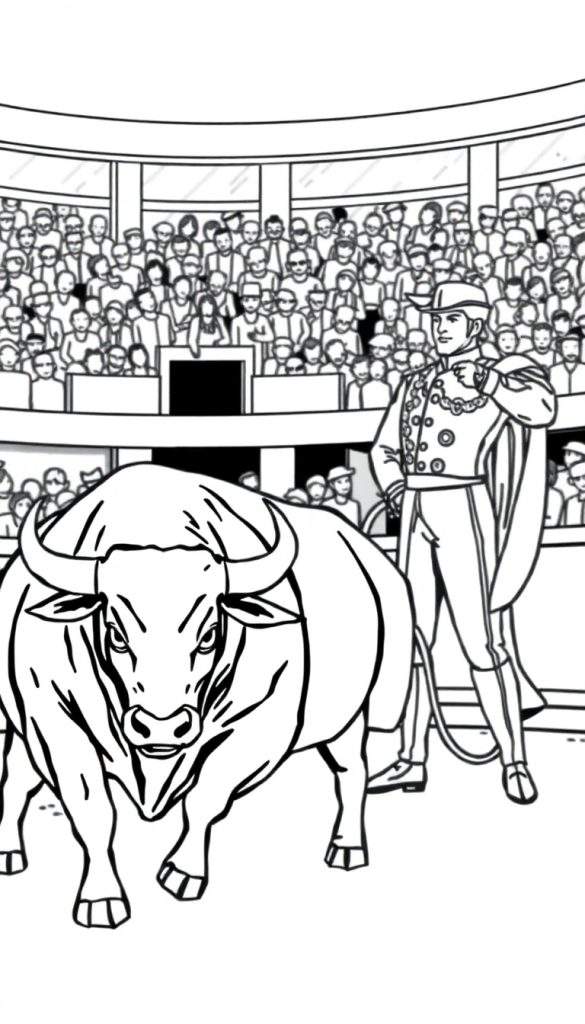 Zwart-witte kleurplaat van een stierenvechter met een cape en een grote stier in een arena, met publiek op de tribunes.