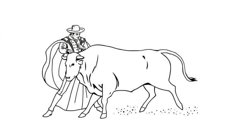 Kleurplaat van een stierenvechter met platte hoed en wijde cape tegenover een gespierde stier met hoorns.