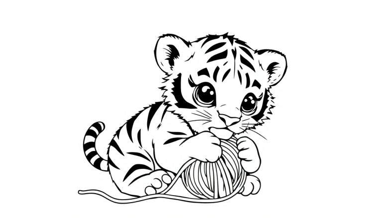 Zwart-wit tekening van een schattig tijgerwelpje dat op de grond zit en met een bol wol speelt. Het welpje heeft tijgerstrepen en grote, lieve ogen.