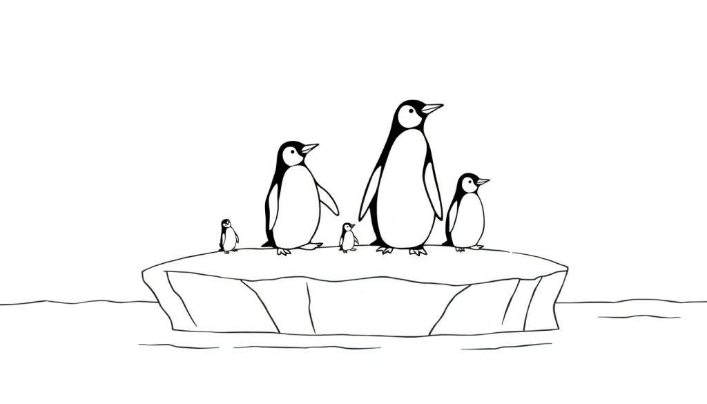 Kleurplaat van vijf pinguïns, twee volwassenen en drie kuikens, die op een ijsschots staan.