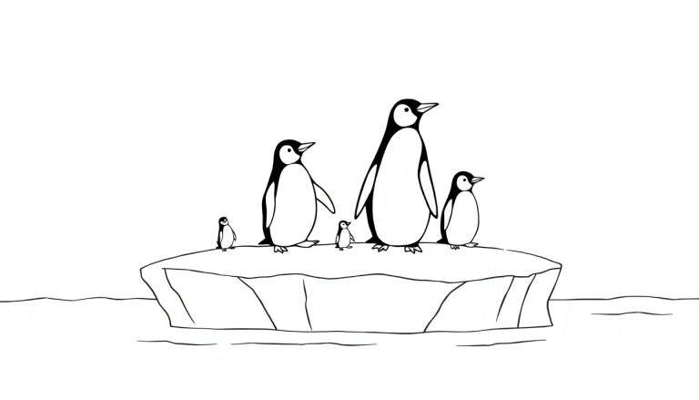 Kleurplaat van vijf pinguïns, twee volwassenen en drie kuikens, die op een ijsschots staan.