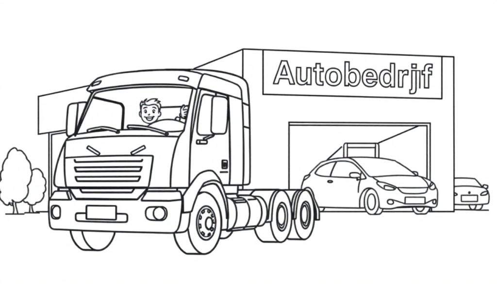 Lijntkening kleurplaat van een vrachtwagen met een lachende chauffeur die zwaait, voor een autobedrijf met een personenauto.
