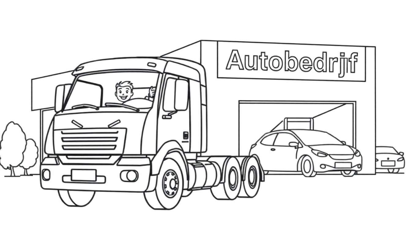 Lijntkening kleurplaat van een vrachtwagen met een lachende chauffeur die zwaait, voor een autobedrijf met een personenauto.