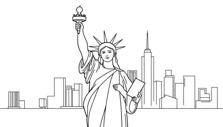 Zwart-witte lijntekening kleurplaat van het Vrijheidsbeeld met fakkel, tablet en stadsskyline op de achtergrond.