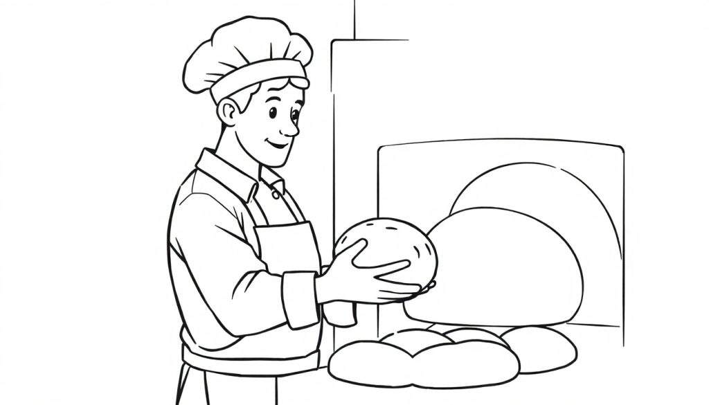 Kleurplaat van een lachende bakker met koksmuts en schort die een deegbol vasthoudt naast een traditionele oven.