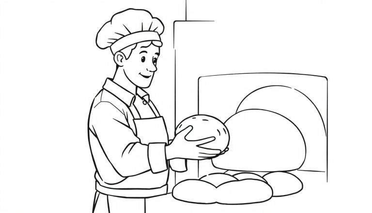 Kleurplaat van een lachende bakker met koksmuts en schort die een deegbol vasthoudt naast een traditionele oven.