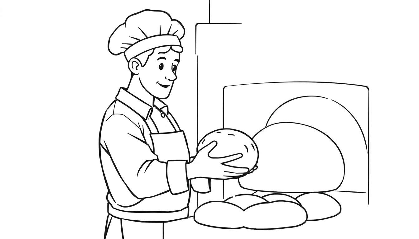Kleurplaat van een lachende bakker met koksmuts en schort die een deegbol vasthoudt naast een traditionele oven.