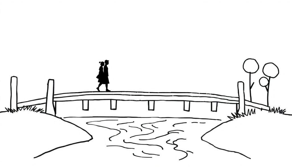 Zwart-wit lijntekening van twee silhouetten die over een brug met reling lopen, met een rivier eronder en bomen aan de oever.