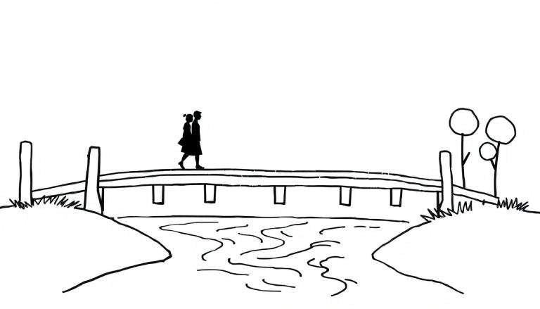 Zwart-wit lijntekening van twee silhouetten die over een brug met reling lopen, met een rivier eronder en bomen aan de oever.