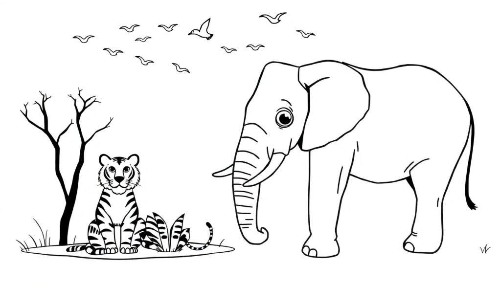 Zwart-wit kleurplaat van een olifant en een tijger, omringd door natuurlijke elementen zoals bomen en vogels.