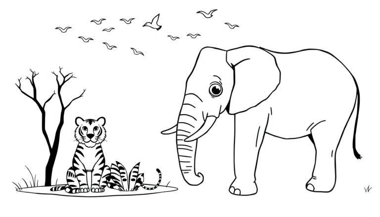 Zwart-wit kleurplaat van een olifant en een tijger, omringd door natuurlijke elementen zoals bomen en vogels.
