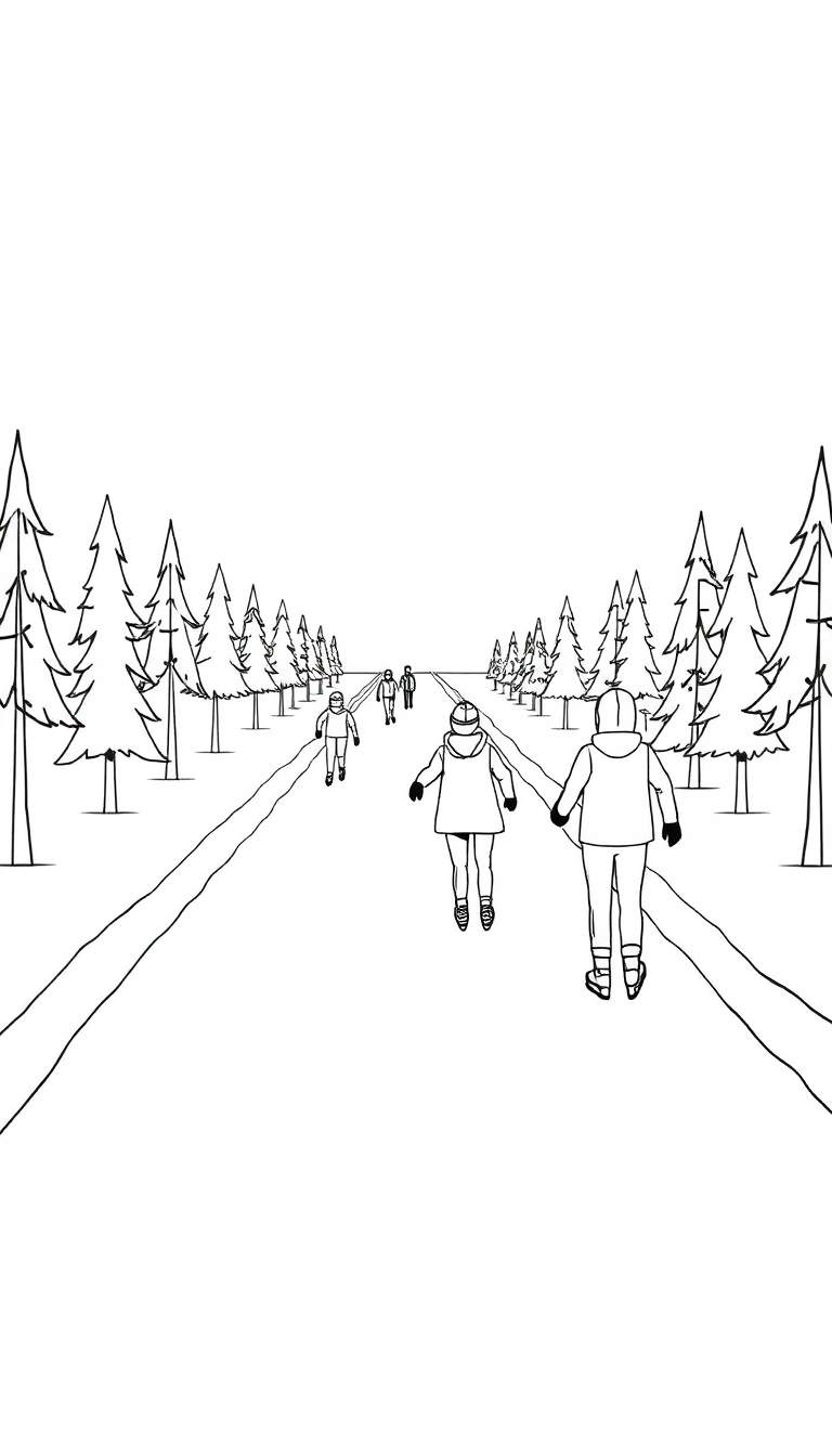 Kleurplaat van een winterlandschap met twee mensen die hand in hand schaatsen of langlaufen op een besneeuwd pad, omringd door dennenbomen.