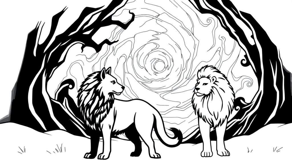 Zwart-wit kleurplaat van een wolf en een leeuw die elkaar aankijken, met een spiraalvormige achtergrond.