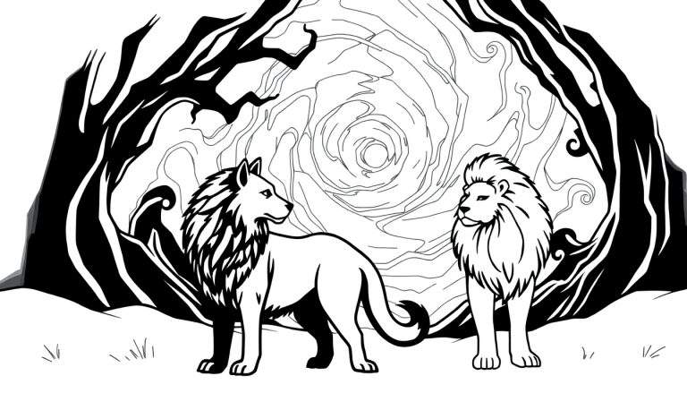 Zwart-wit kleurplaat van een wolf en een leeuw die elkaar aankijken, met een spiraalvormige achtergrond.