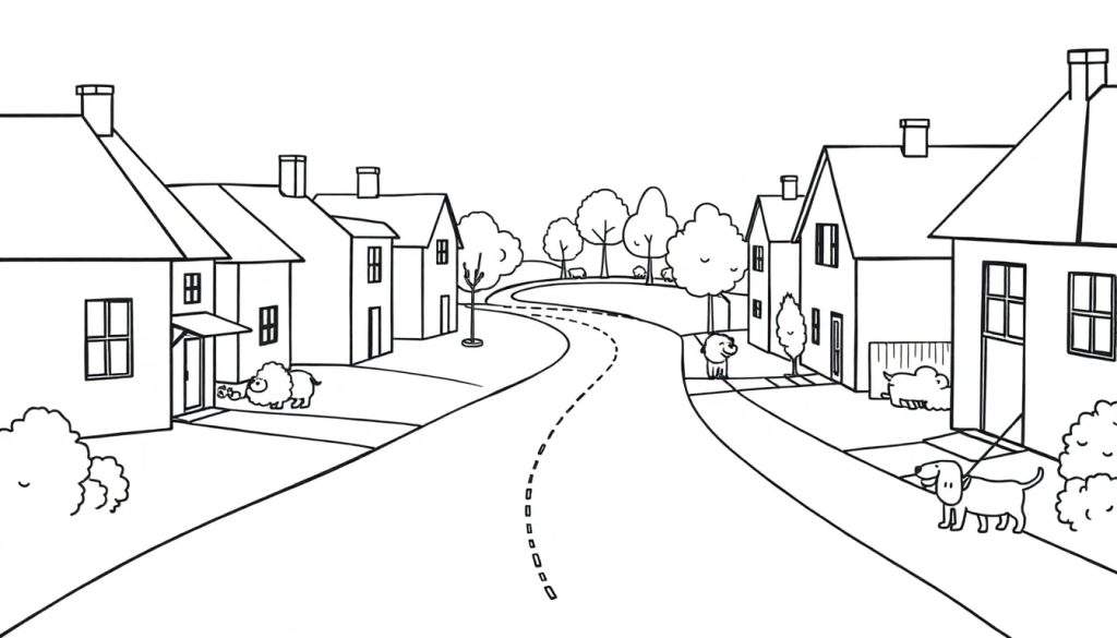 Kleurplaat van een schilderachtige woonwijk met huizen, bomen en schattige dieren zoals schapen en honden.