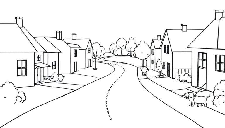 Kleurplaat van een schilderachtige woonwijk met huizen, bomen en schattige dieren zoals schapen en honden.