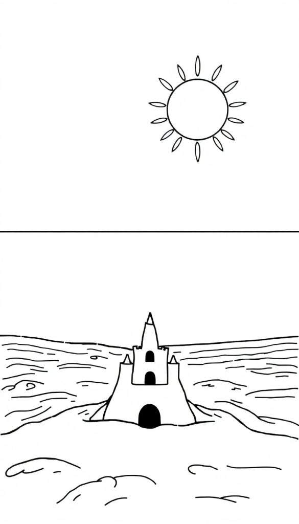 Kleurplaat van een zandkasteel op het strand met een zon aan de hemel.