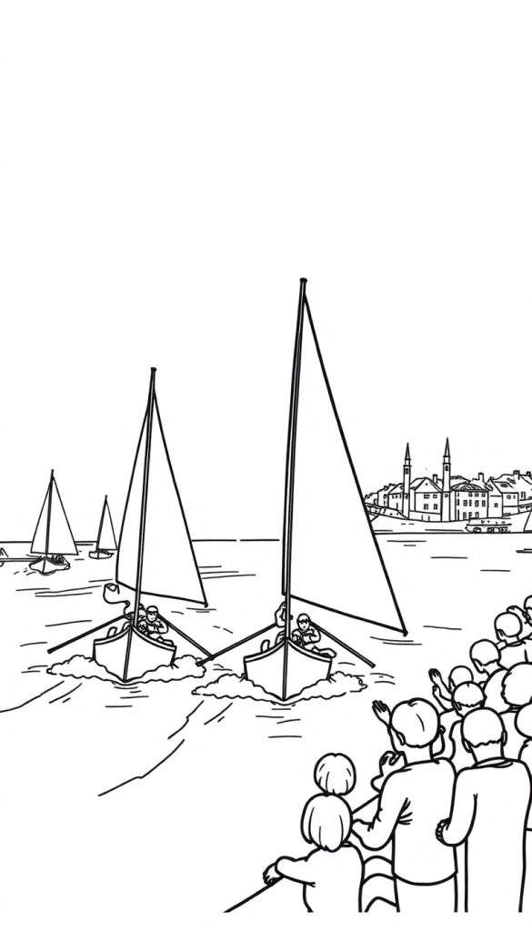 Zwart-wit kleurplaat van een zeil- en roeiwedstrijd op water, met toeschouwers op de kade en een stad op de achtergrond.