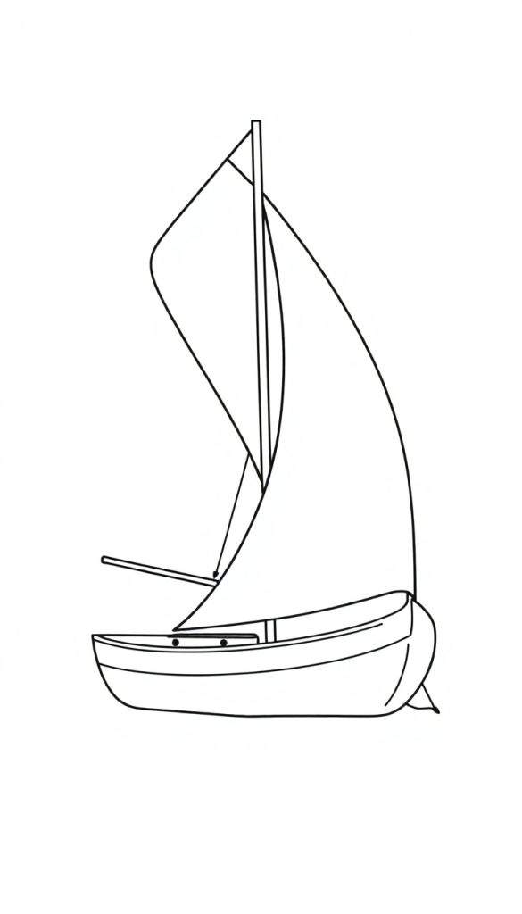 Zwart-witte lijntekening van een eenvoudige zeilboot met mast en twee zeilen, ideaal als kleurplaat.