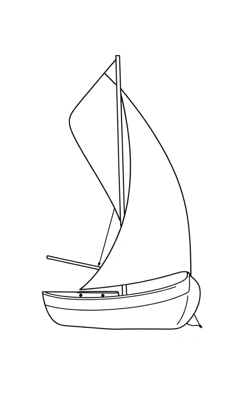 Zwart-witte lijntekening van een eenvoudige zeilboot met mast en twee zeilen, ideaal als kleurplaat.