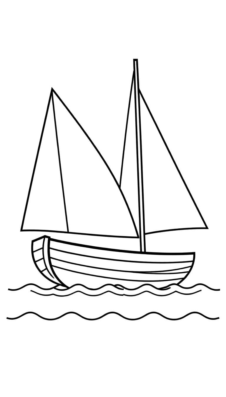 Zwart-witte lijntekening van een zeilboot met twee zeilen op de golvende zee, klaar om ingekleurd te worden.