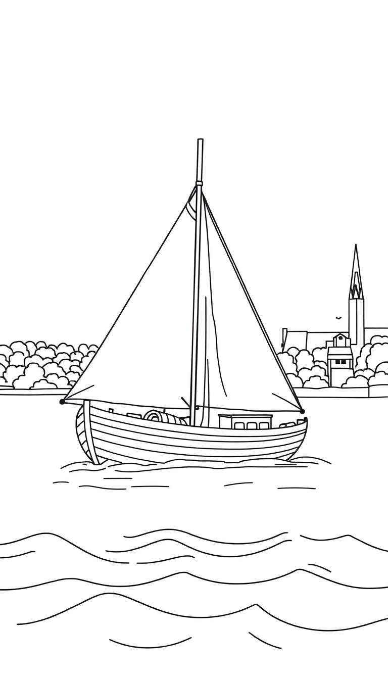 Zwart-wit lijntekening van een zeilboot op zee, met bomen en een dorp op de achtergrond.