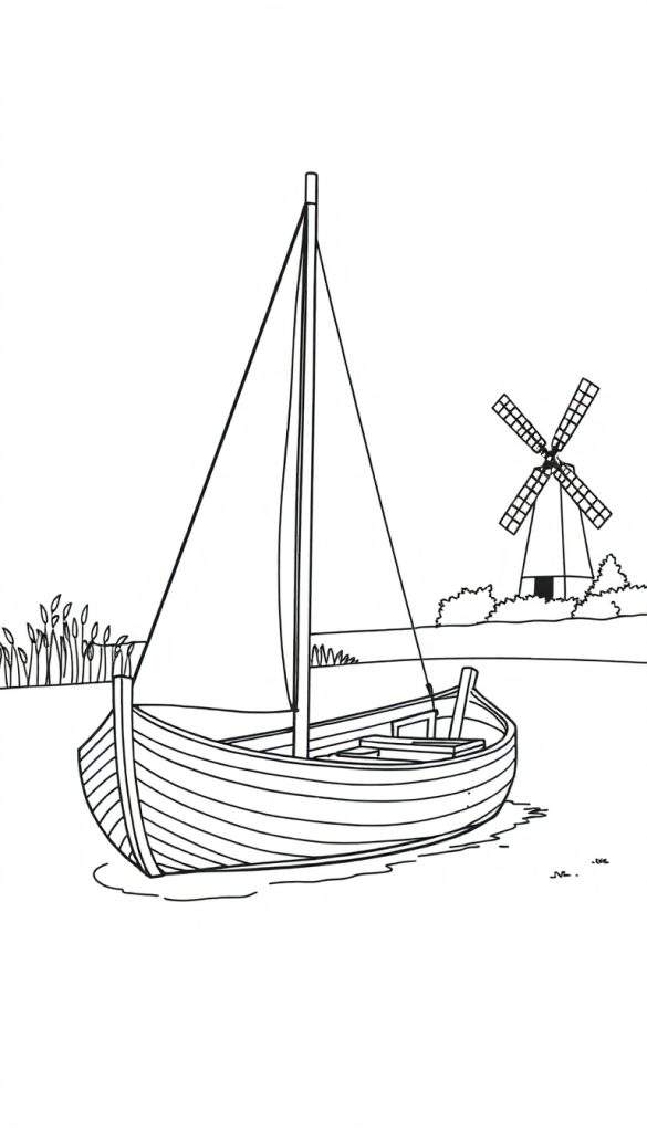 Zwart-wit lijntekening van een zeilboot in het water, met een windmolen op de achtergrond en riet aan de oever, bedoeld als kleurplaat.