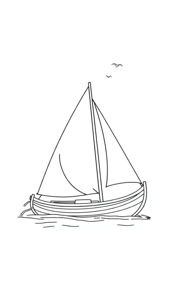 Een zwart-wit lijntekening van een zeilboot met twee zeilen op het water, met drie vogels die in de lucht vliegen.