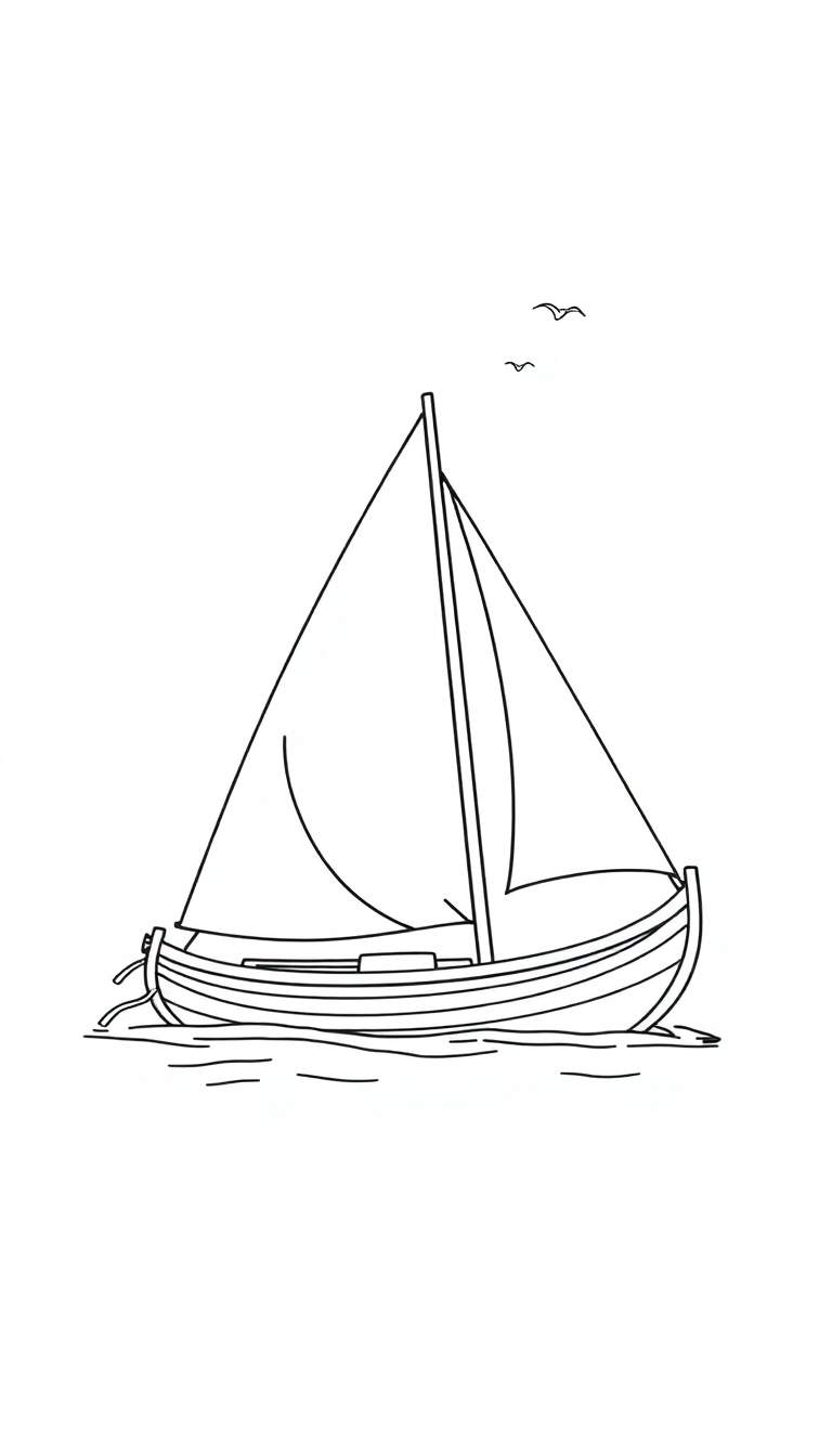 Een zwart-wit lijntekening van een zeilboot met twee zeilen op het water, met drie vogels die in de lucht vliegen.