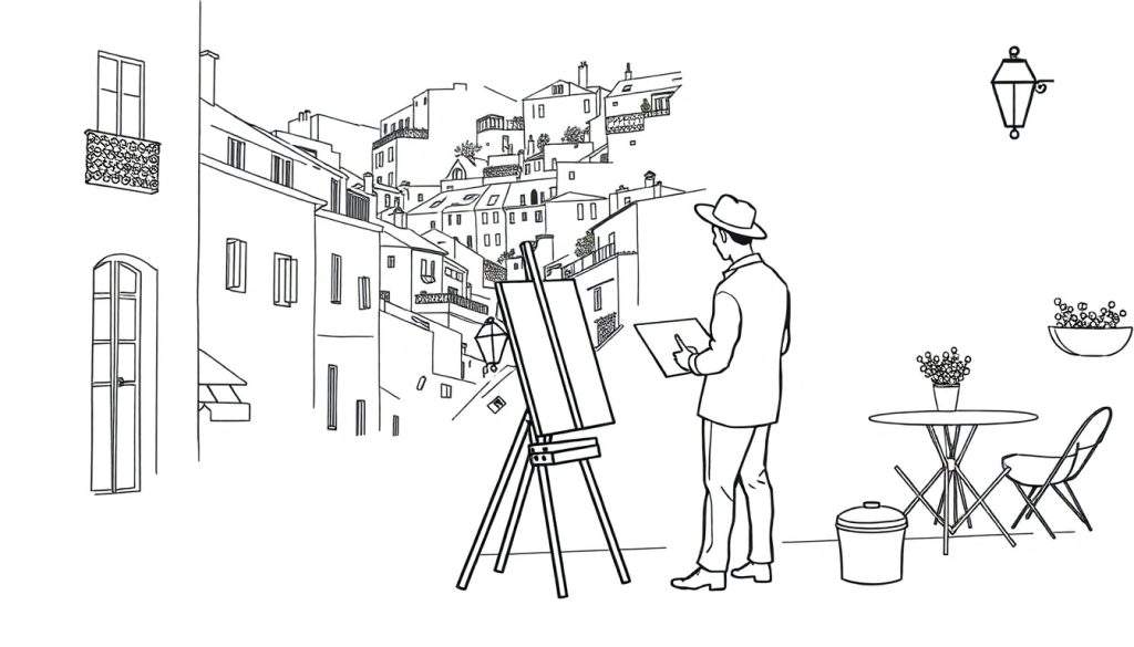 Kleurplaat van een Zuid-Europees straatbeeld met huizen tegen een heuvel, een kunstenaar die schildert, een schildersezel en een terrasje met bloemen.