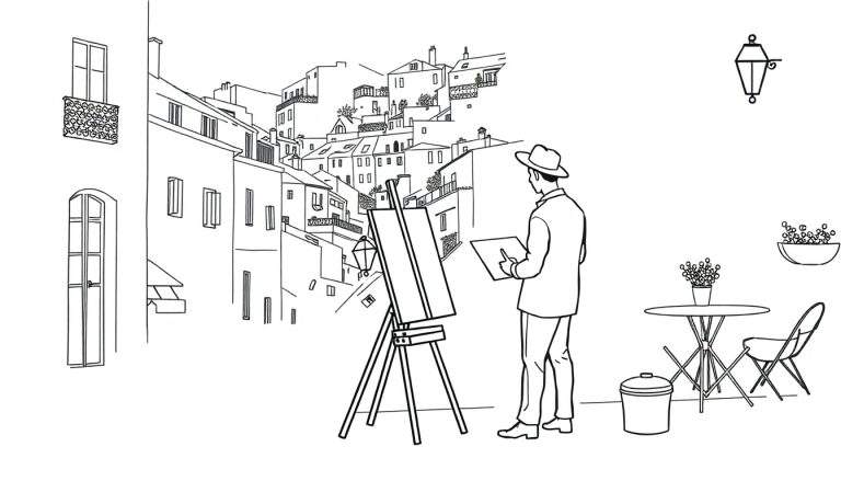 Kleurplaat van een Zuid-Europees straatbeeld met huizen tegen een heuvel, een kunstenaar die schildert, een schildersezel en een terrasje met bloemen.