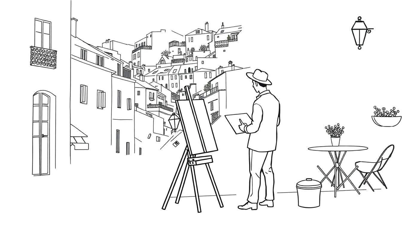 Kleurplaat van een Zuid-Europees straatbeeld met huizen tegen een heuvel, een kunstenaar die schildert, een schildersezel en een terrasje met bloemen.
