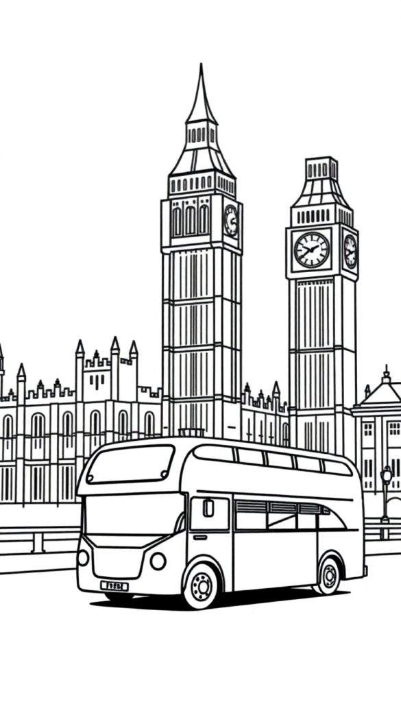 Kleurplaat van een dubbeldekker bus in Londen met de Big Ben en Houses of Parliament op de achtergrond.