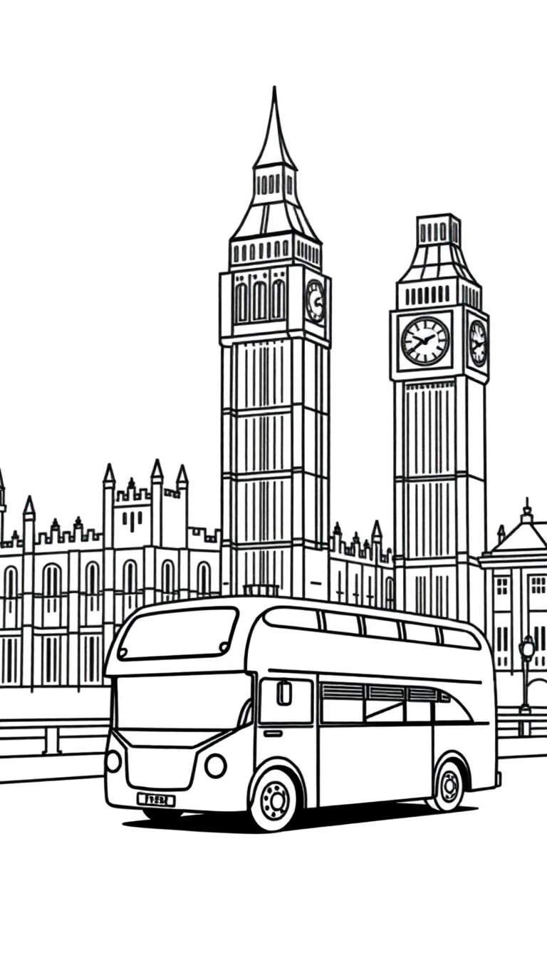Kleurplaat van een dubbeldekker bus in Londen met de Big Ben en Houses of Parliament op de achtergrond.