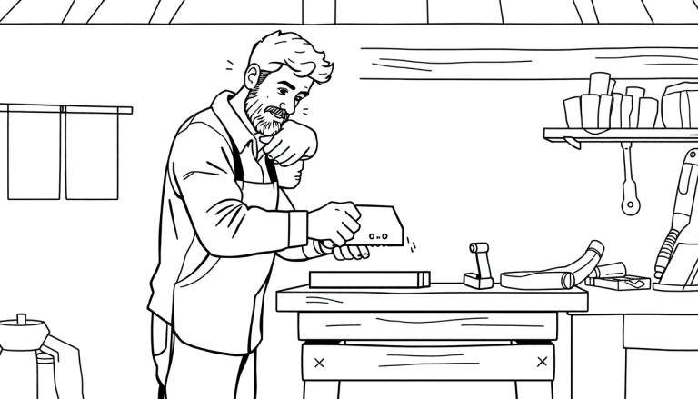 Kleurplaat van een man met baard die hout zaagt in een werkplaats, met gereedschappen op de achtergrond.